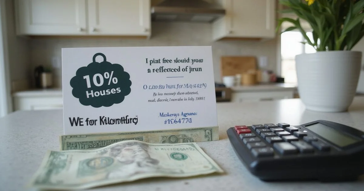 We-buy-houses postcard on a kitchen counter beside a calculator