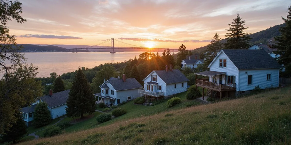 Duluth hillside neighborhood at sunrise with Lake Superior and the Aerial Lift Bridge