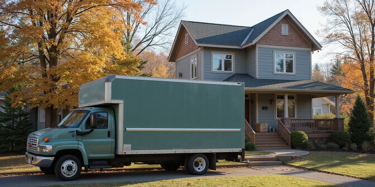 Moving truck in front of a Duluth hillside home on a fall morning