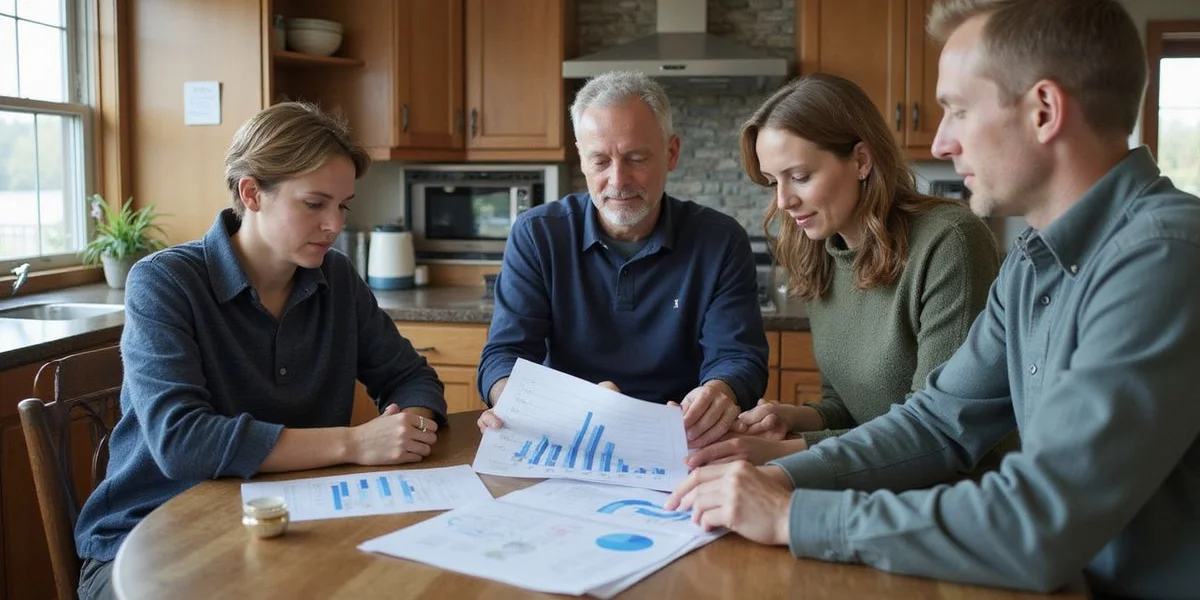 Ryan reviewing a printed home value report with Duluth homeowners at their kitchen table