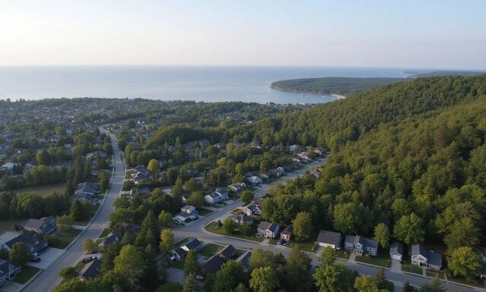 Aerial view of Duluth neighborhoods along the hillside and Lake Superior