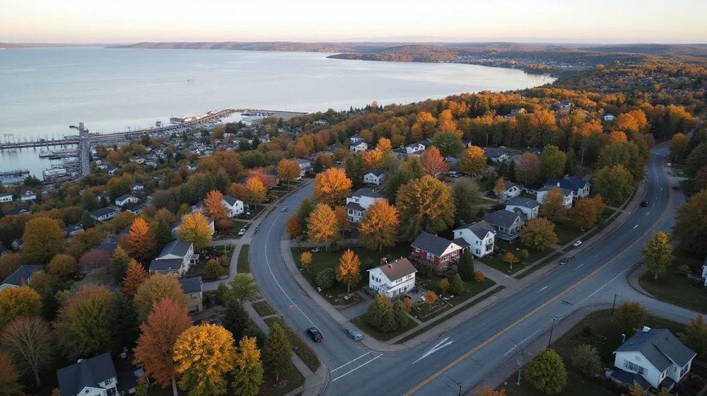 Aerial view of Duluth, MN, neighborhoods from Congdon Park to Lincoln Park above Lake Superior
