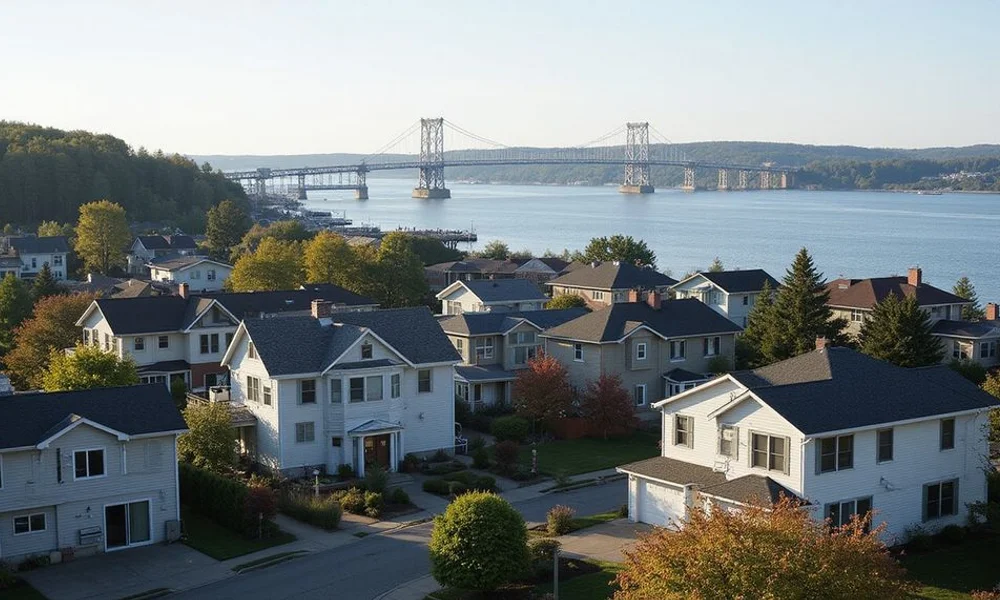View over Duluth rooftops toward Lake Superior and the Aerial Lift Bridge